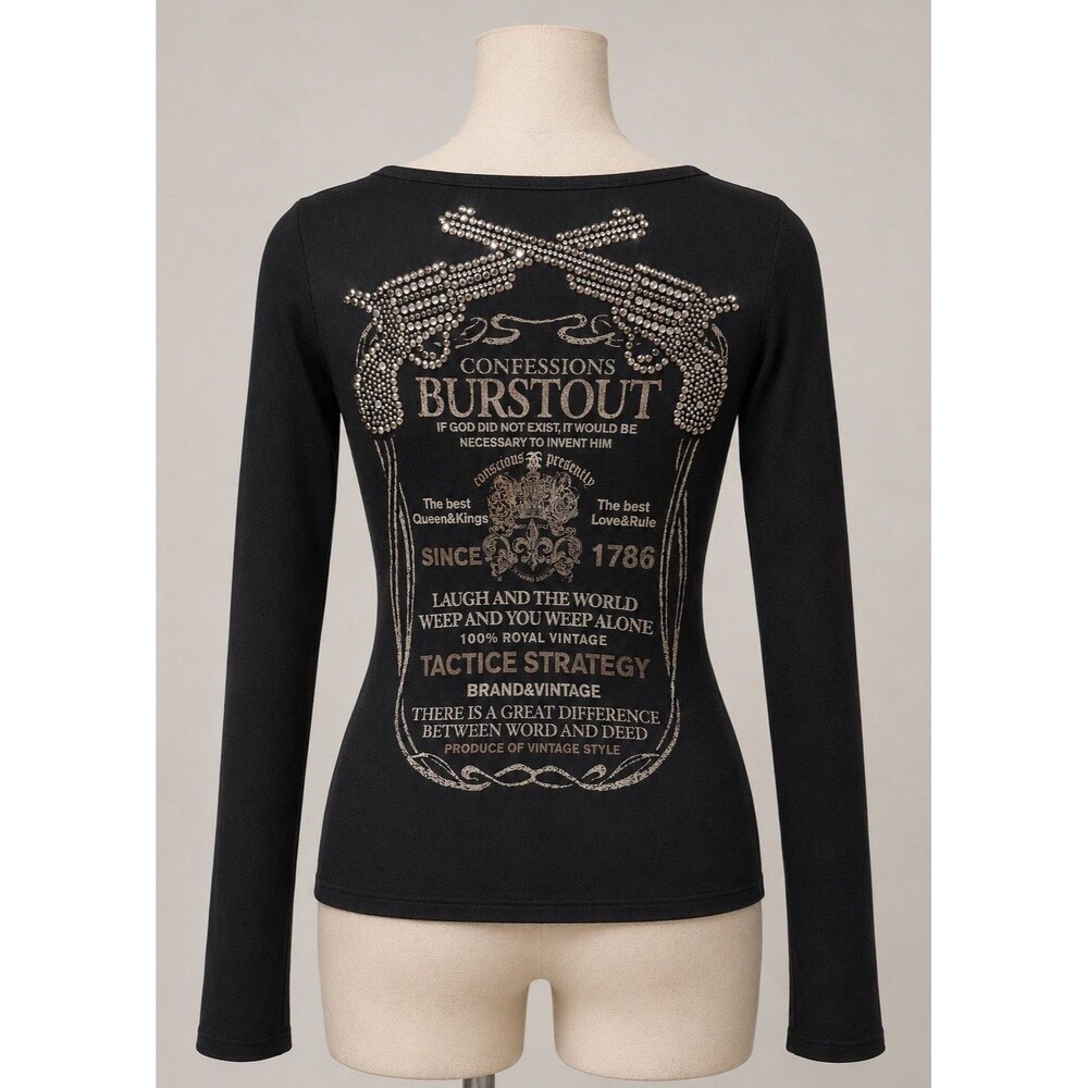 INGNI Japanese Y2K Gyaru Black Rhinestone Gun Graphic Long Sleeve Baby Tee Top S